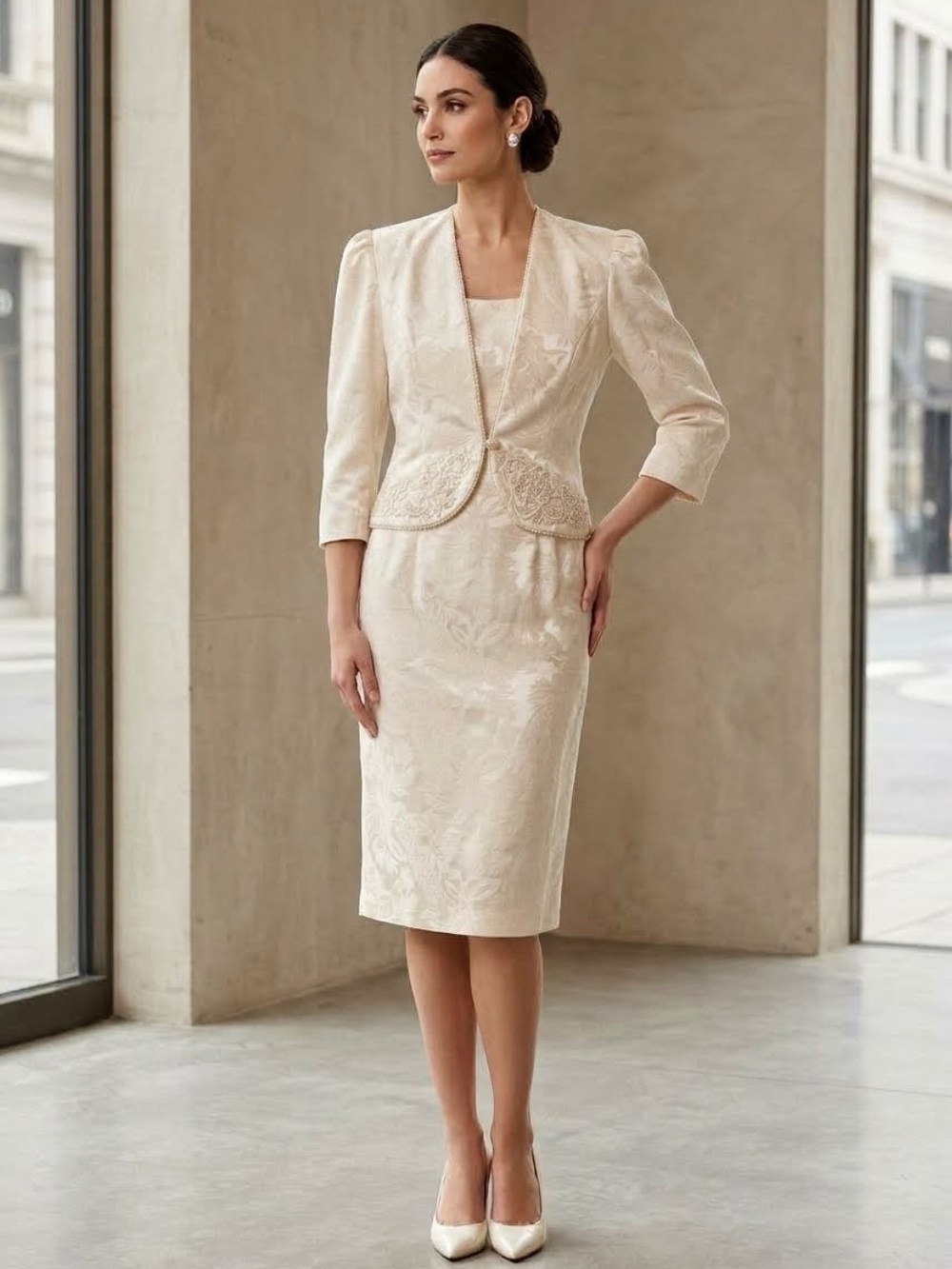 Vintage NU-MODE Cream Brocade Pearled Jacket & Pencil Skirt Suit
Size 9/10